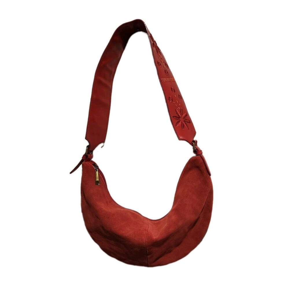 Vintage Y2K Newport News Red Suede Hobo Bag Embroidered Boho Shoulder Purse - Picture 1 of 16